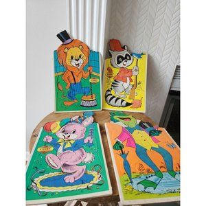 Vintage Set of 4 Warren Built-Rite Puzzles Sta-N-Place Furry Inlaid Tray Puzzles